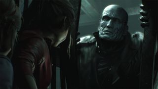 Mr. X breaking elevator doors to get to Claire Redfield and Sherry Birkin in Resident Evil 2.