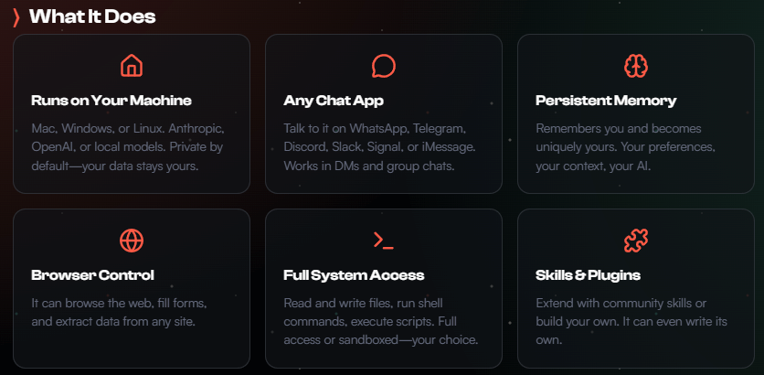 A screenshot of the Clawdbot website's &amp;quot;what it does&amp;quot; section, describing the basic capabilities of the tool.