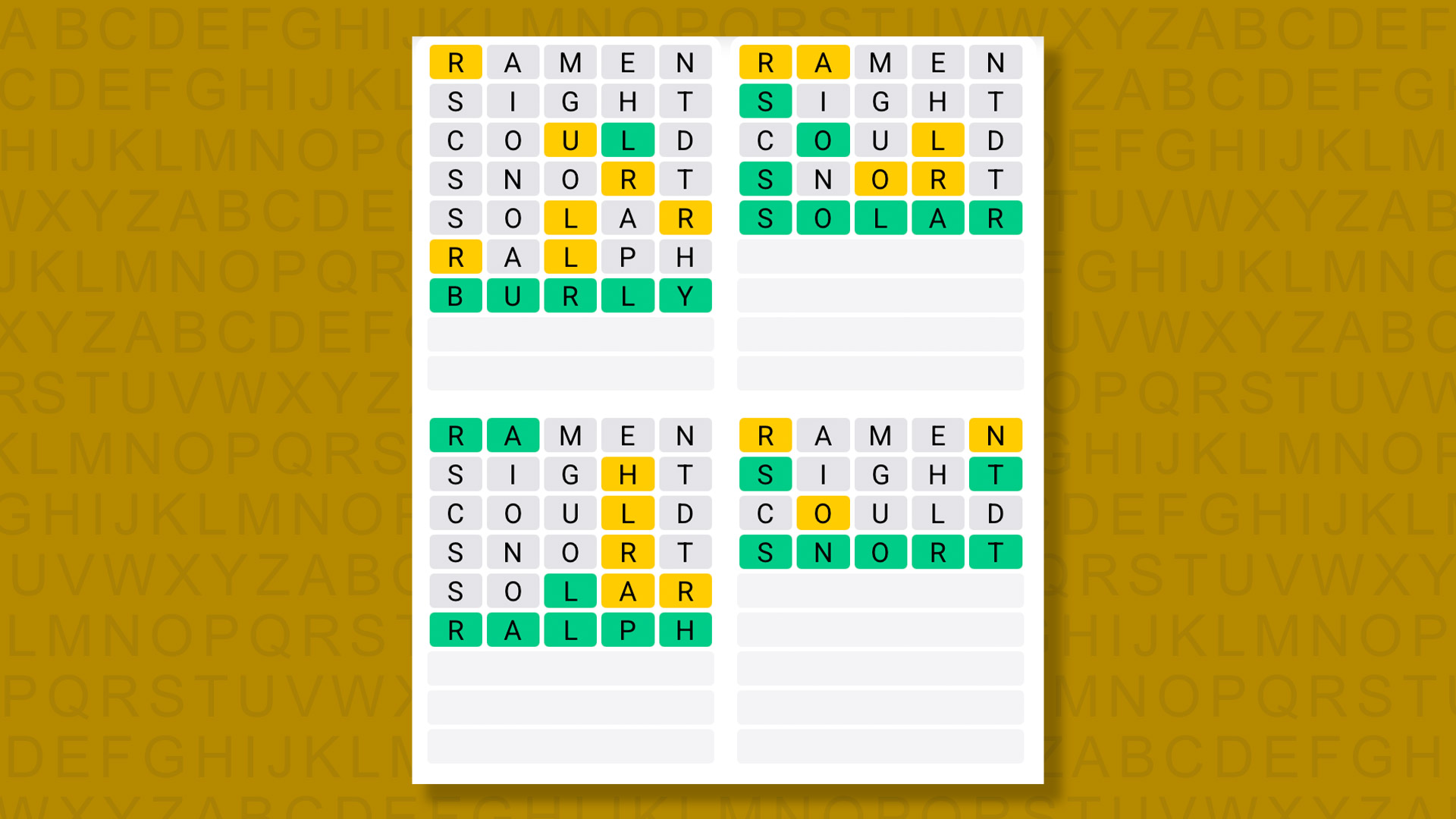 Quordle answers for game 1373 on a yellow background