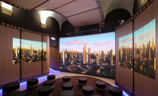 Virtual theatre, white floor, seating area, images of city landscape projected onto the walls, black ceiling, cinema reel design on walls and centre of the ceiling, entrance doorway