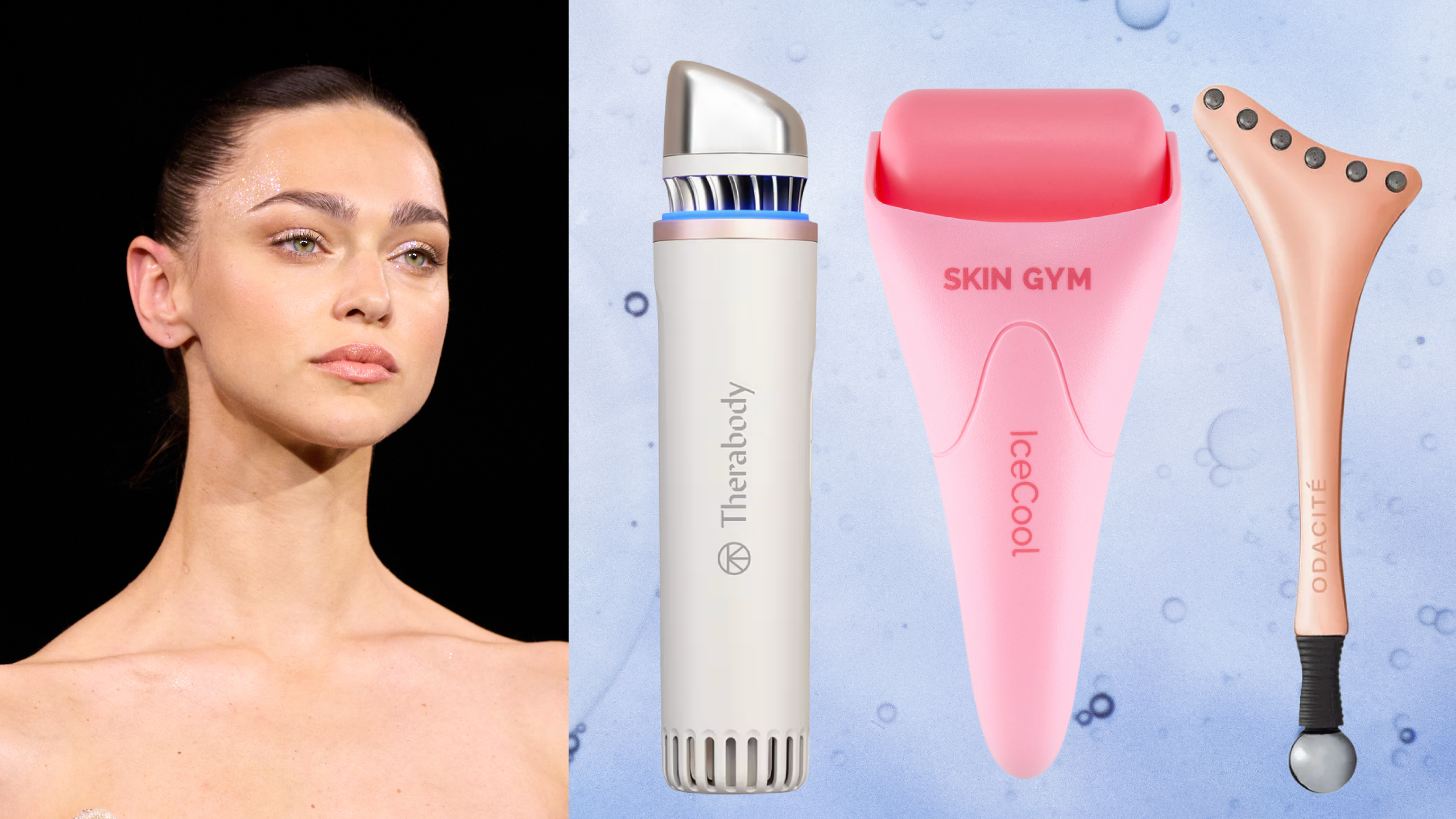 A woman with glowing skin and a slick back bun next to 3 cryotherapy tools.