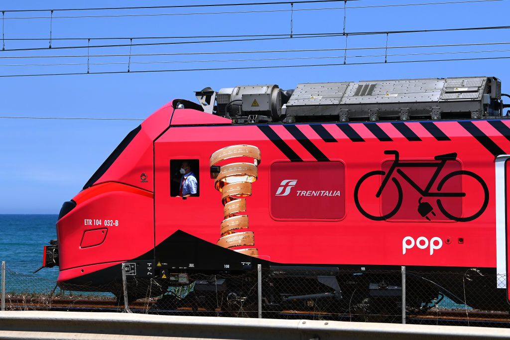 JESI ITALY MAY 17 A train decorated in pink and with the Senza Fine Trophy wait for the peloton to pass during the 105th Giro dItalia 2022 Stage 10 a 196km stage from Pescara to Jesi 95m Giro WorldTour on May 17 2022 in Jesi Italy Photo by Tim de WaeleGetty Images