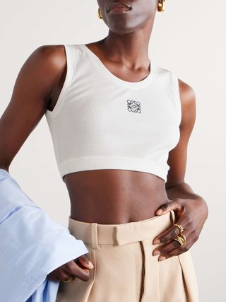 Loewe + Cropped Embroidered Ribbed Stretch-Cotton Jersey Tank