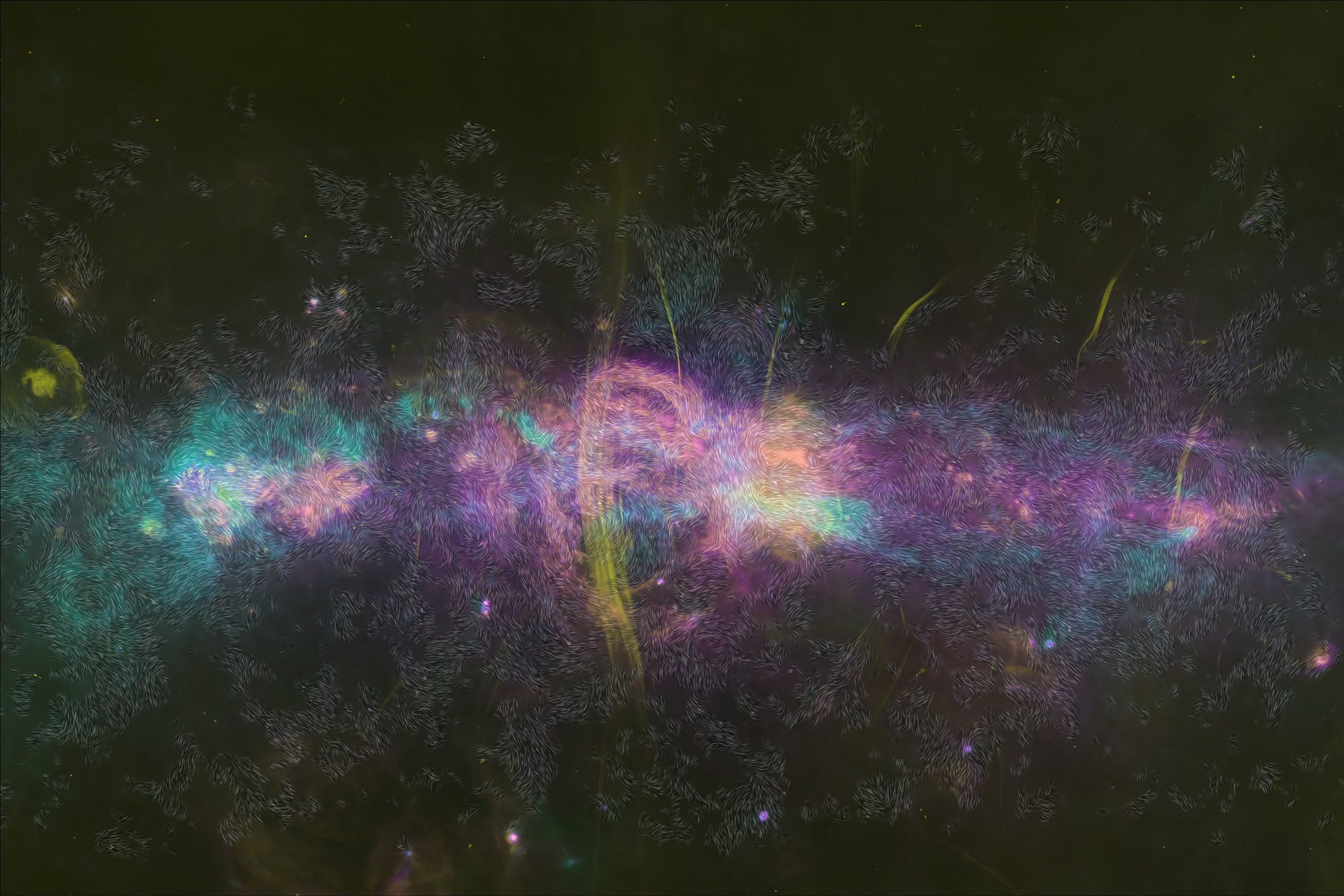 Un mapa de la región central de la Vía Láctea con gas caliente en rosa, polvo frío en azul y filamentos que emiten ondas de radio en amarillo.