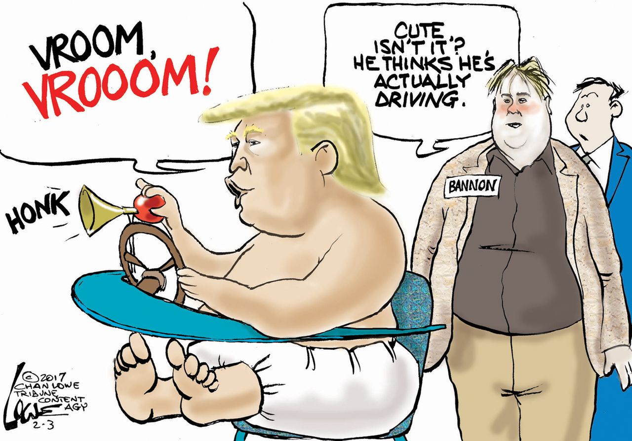 Political Cartoon U.S. Donald Trump baby Steve Bannon