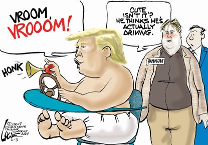 Political Cartoon U.S. Donald Trump baby Steve Bannon