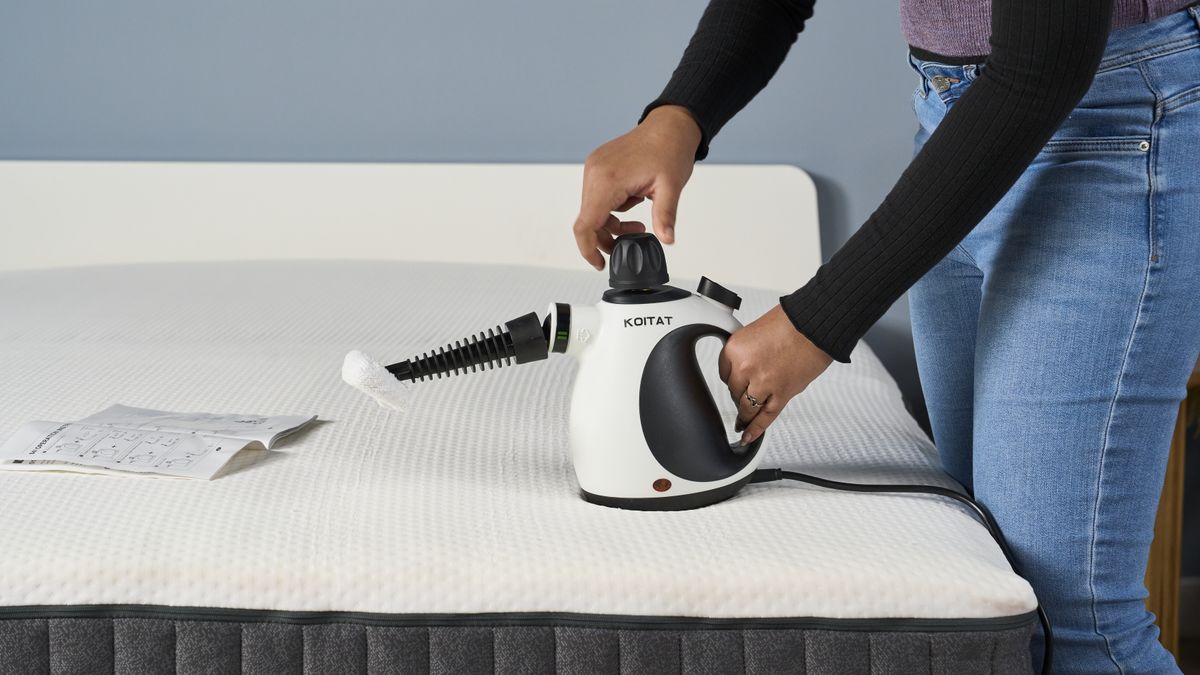 A series of images showing the steps of setting up, filling and using the Koitat mattress steam cleaner