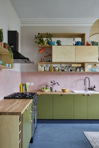 green kitchen ideas olive cabinets pink walls