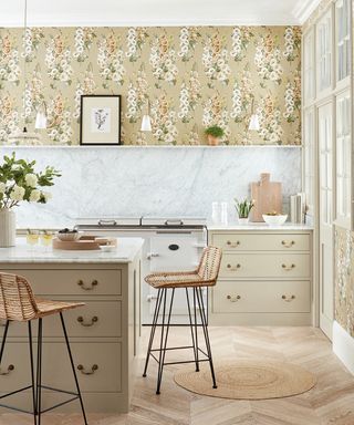 kitchen with floral wallpaper