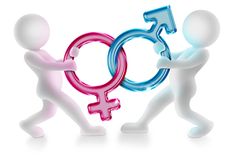 two characters pulling male and female gender symbols