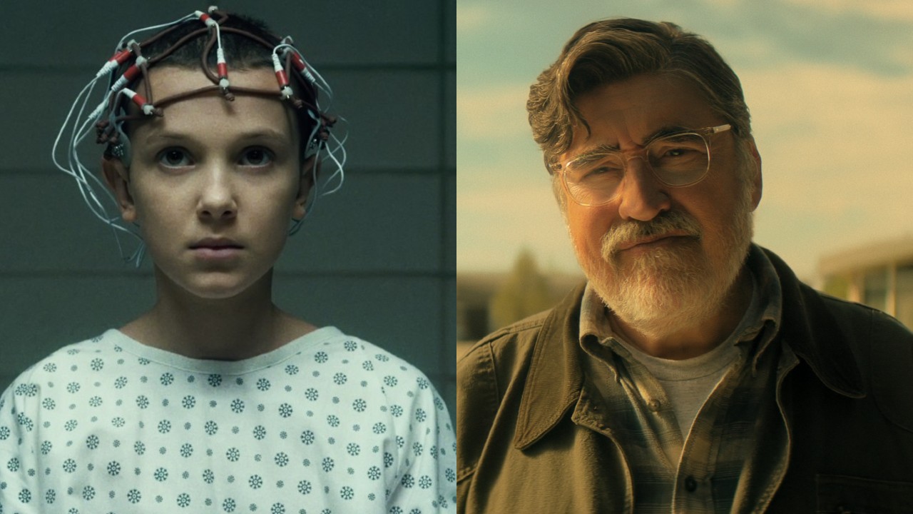 From left to right: Millie Bobby Borwn as Eleven with testing gear on her head in Stranger Things and Alfred Molina as Sam in The Boroughs.