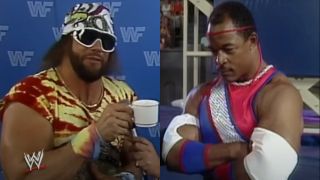 Macho Man Randy Savage holds a coffee cup during a promo for the WWE, shown next to Michael M. Horton taking an interview on American Gladiators S1 E1.