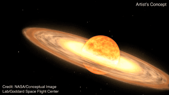 A red giant star and white dwarf orbit each other in this animation of a nova. 