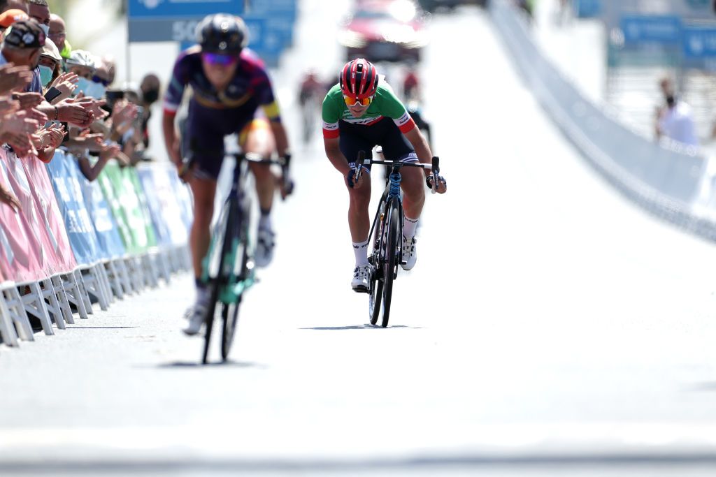 PEREIRO DE AGUIAR SPAIN SEPTEMBER 04 Elisa Longo Borghini of Italy and Team Trek Segafredo crosses the finishing line during the 7th Ceratizit Challenge By La Vuelta 2021 Stage 3 a 1079km stage from Estacin de Montaa de Manzaneda to Pereiro de Aguiar ChallengeVuelta CERATIZITChallenge21 on September 04 2021 in Pereiro de Aguiar Spain Photo by Gonzalo Arroyo MorenoGetty Images