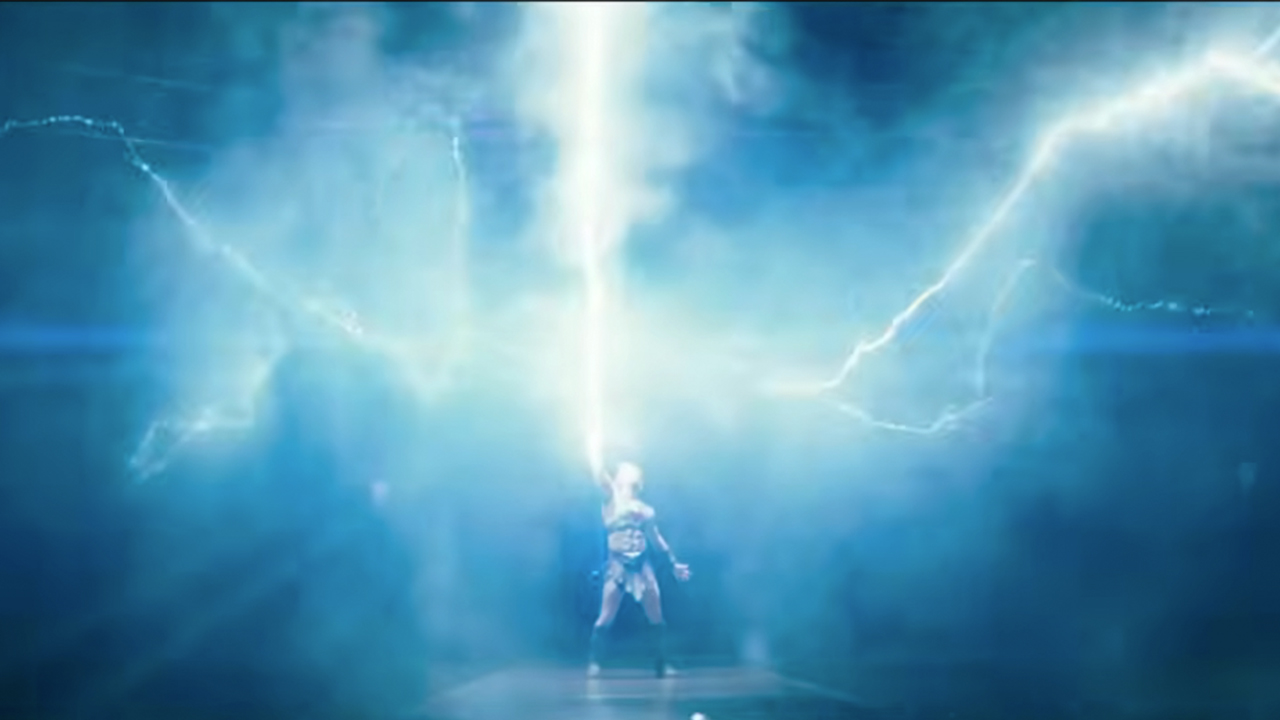 He-Man holding up the sword of power with lightning striking it in Masters of the Universe