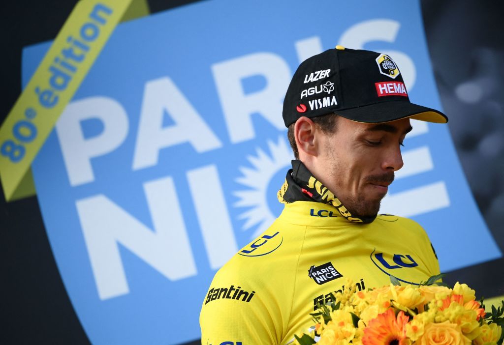JumboVismas French rider Christophe Laporte celebrates his first place on the podium at the end of the 1st stage of the 80th edition of the Paris Nice cycling race 160 km between ManteslaVille and ManteslaVille on March 6 2022 Photo by FRANCK FIFE AFP Photo by FRANCK FIFEAFP via Getty Images