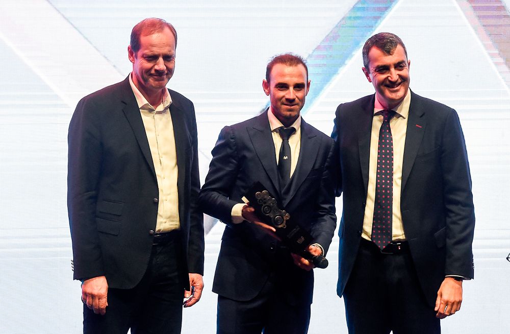 Tour de France director Christian Prudhomme, Alejandro Valverde and Vuelta a Espana director Javier Guillen take part in the route presentation for the 2019 Vuelta