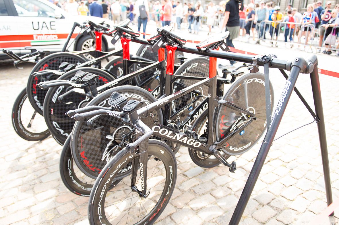 The UAE Team Emirates Colnagos ready to race
