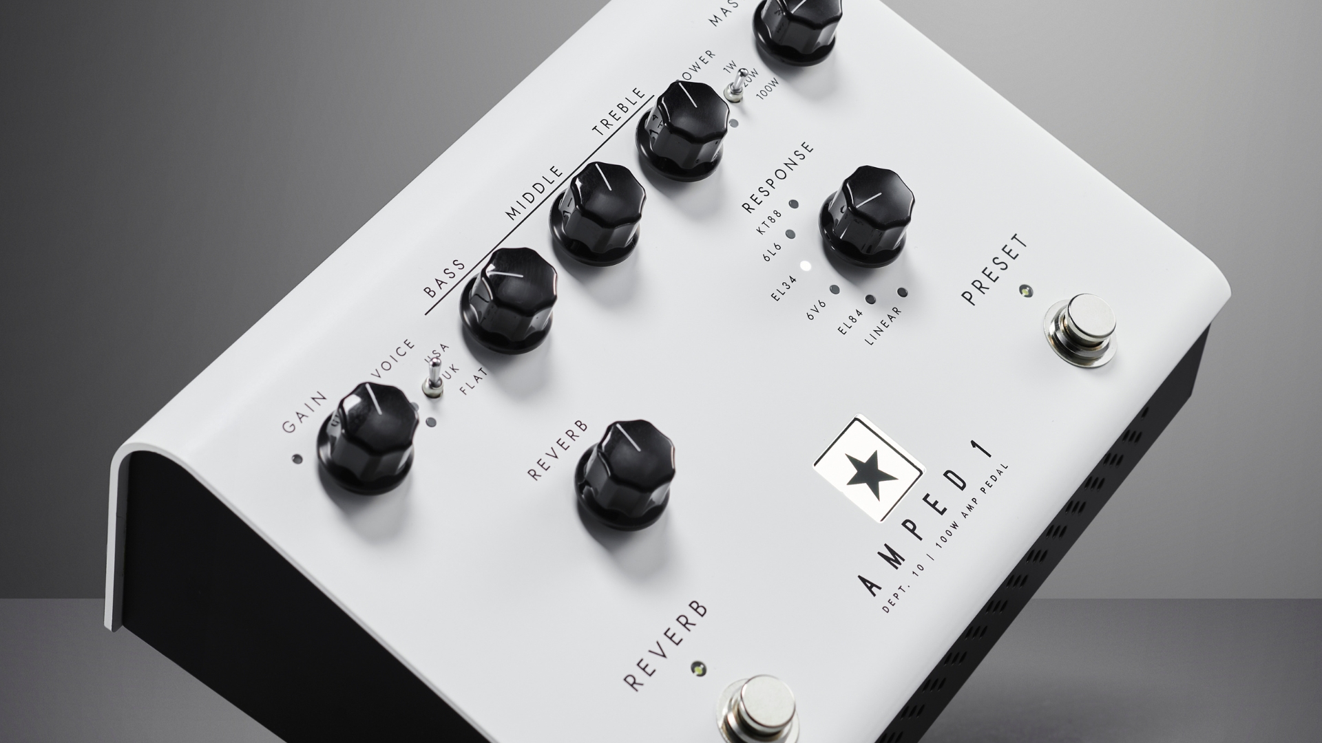 A Blackstar Amped 1 pedal amp on a grey background