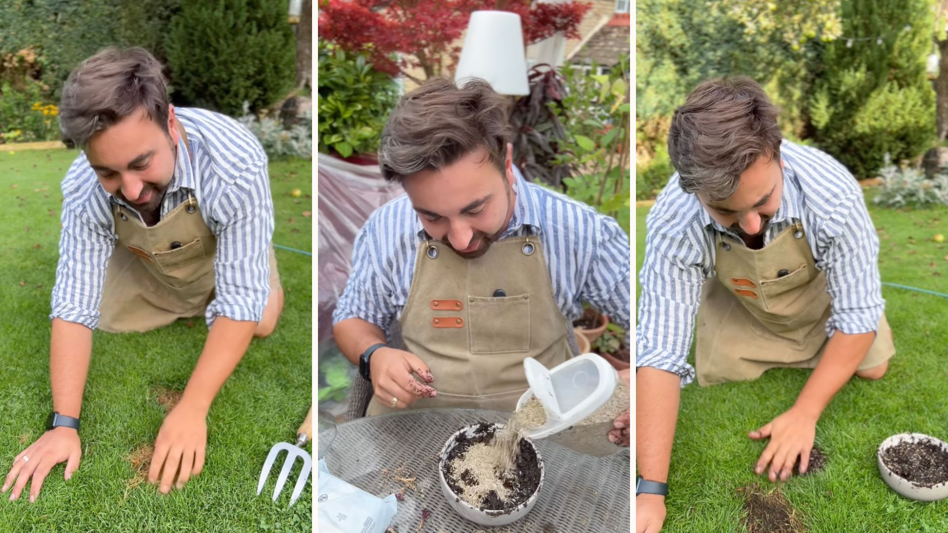 Professional gardener Ish showing the stages of making lawn paste to fix yellow lawn patches