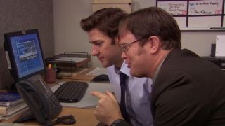 Jim (John Krasinski) and Dwight (Rainn Wilson) attempt to trick Todd Packer into moving to Florida