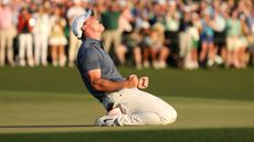 Rory McIlroy of Northern Ireland celebrates winning the 2025 Masters Tournament after the playoff hole on the 18th green during the final round of the 2025 Masters Tournament at Augusta National Golf Club on April 13, 2025 in Augusta, Georgia.