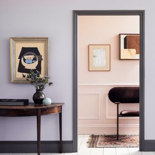 skirting board colour ideas, lilac space with grey skirtings, then view through to pink hallway
