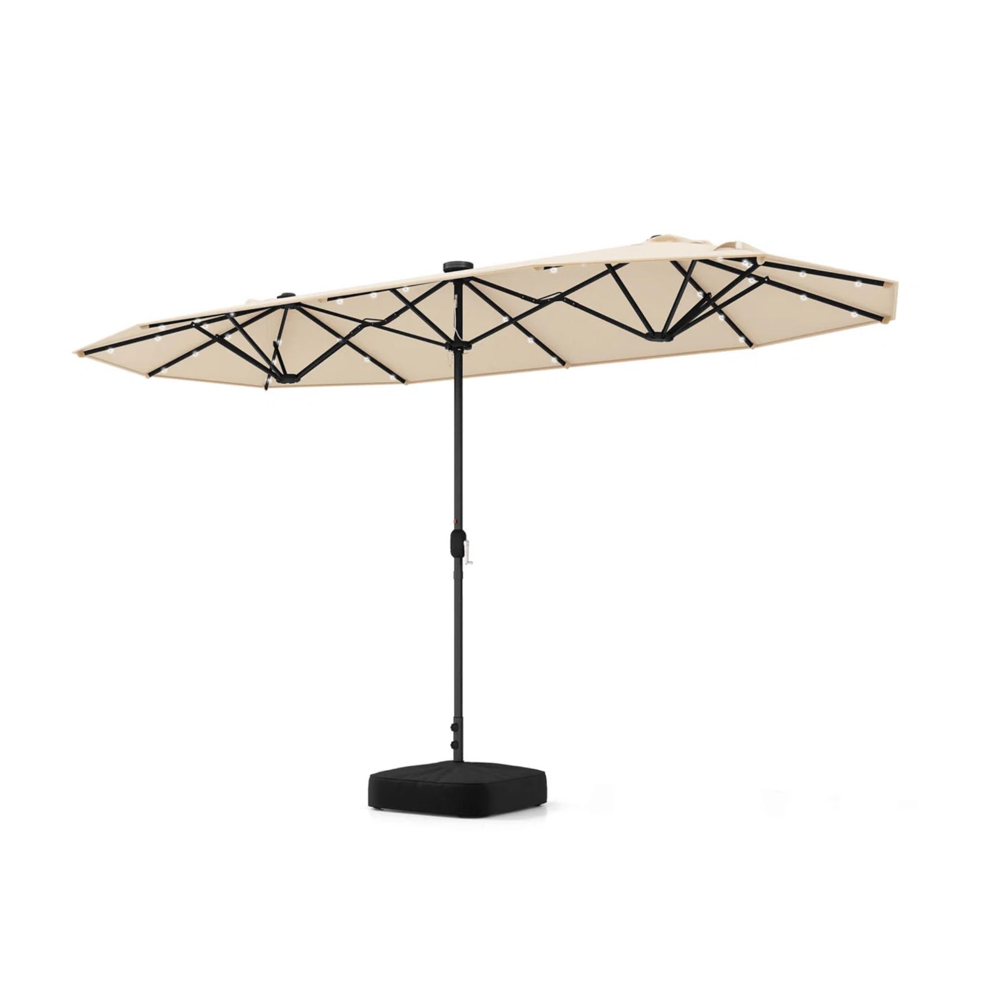 A rectangular beige parasol with a black frame and lights underneath it