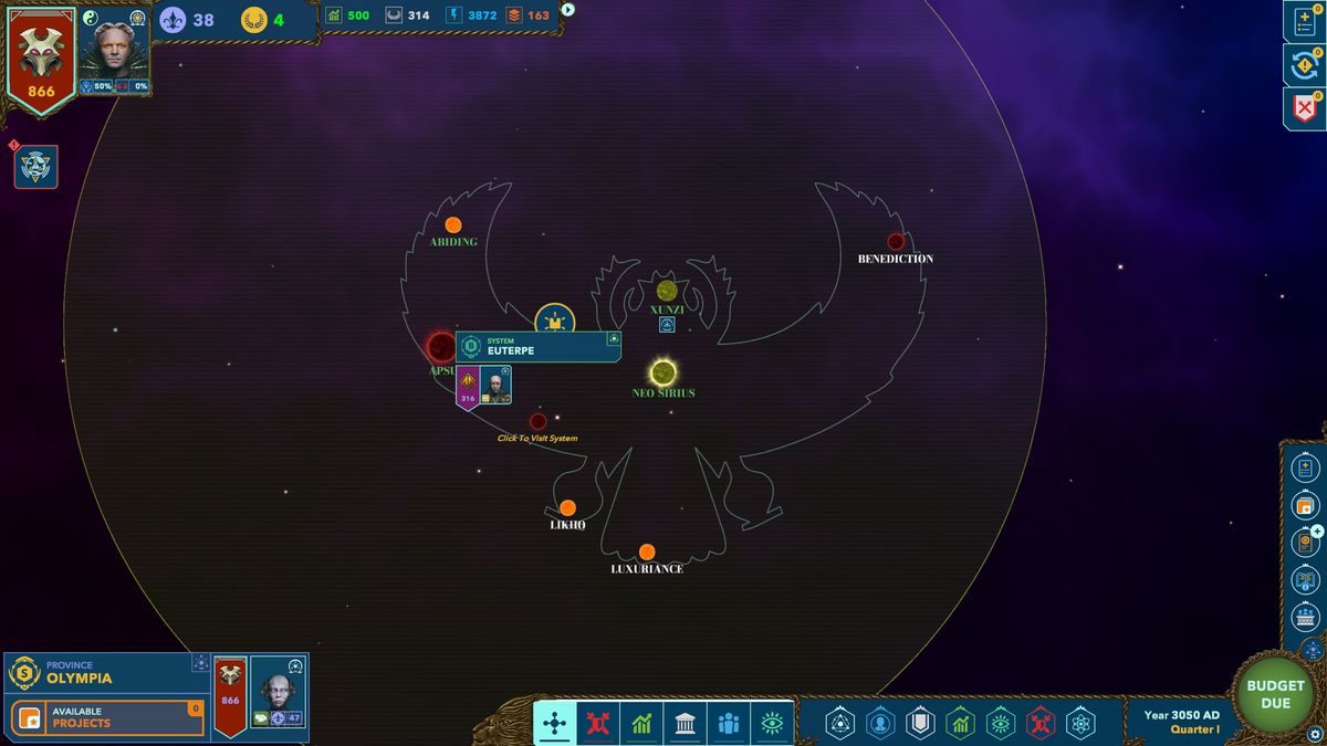 An image of the game map from Alliance of the Sacred Suns. There is an eagle-shaped constellation and the names of various science fiction worlds within it.