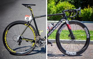 A combined image of Vincenzo Nibali's S-Works Tarmac SL5 from 2014 and Tadej Pogačar's Colnago V4RS from 2024
