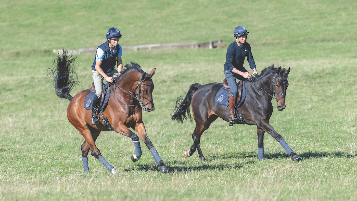 Harry Meade and another rider cantering two horses up a hill