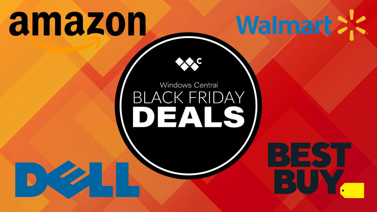 Black Friday deal graphic featuring the logos of Amazon, Best Buy, Dell, and Walmart.