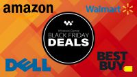 Black Friday deal graphic featuring the logos of Amazon, Best Buy, Dell, and Walmart.