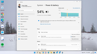 A screenshot showing how to switch Windows 11 into Best Performance battery mode
