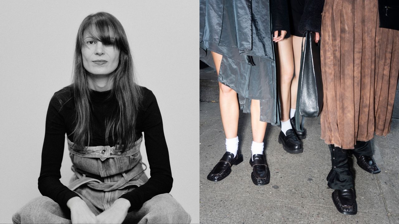 A split image shows a black and white portrait of a young woman wearing a black top and a denim jumpsuit opposite three women wearing chunky black shoes on a grey cement street.