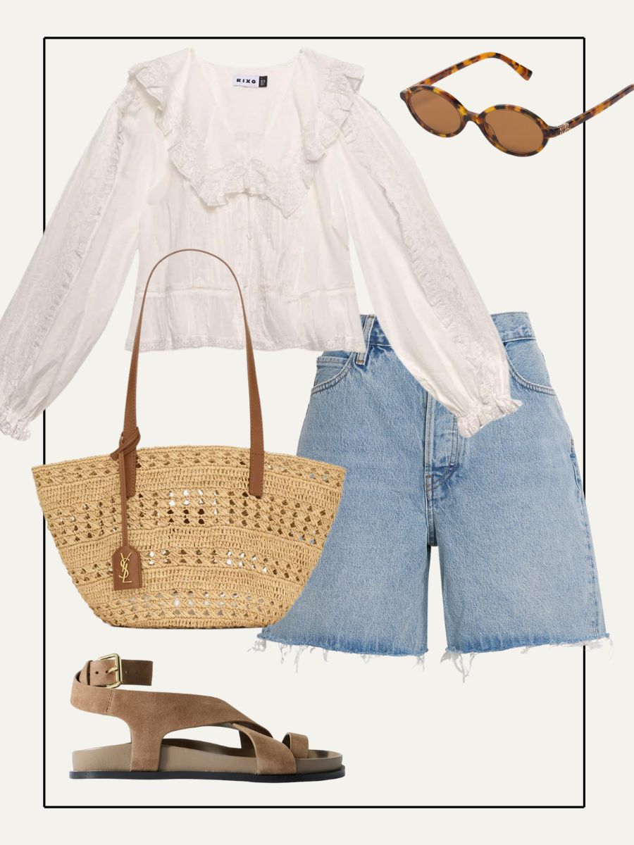Collage of shirt, linen trousers, basket bag, sandals and earrings