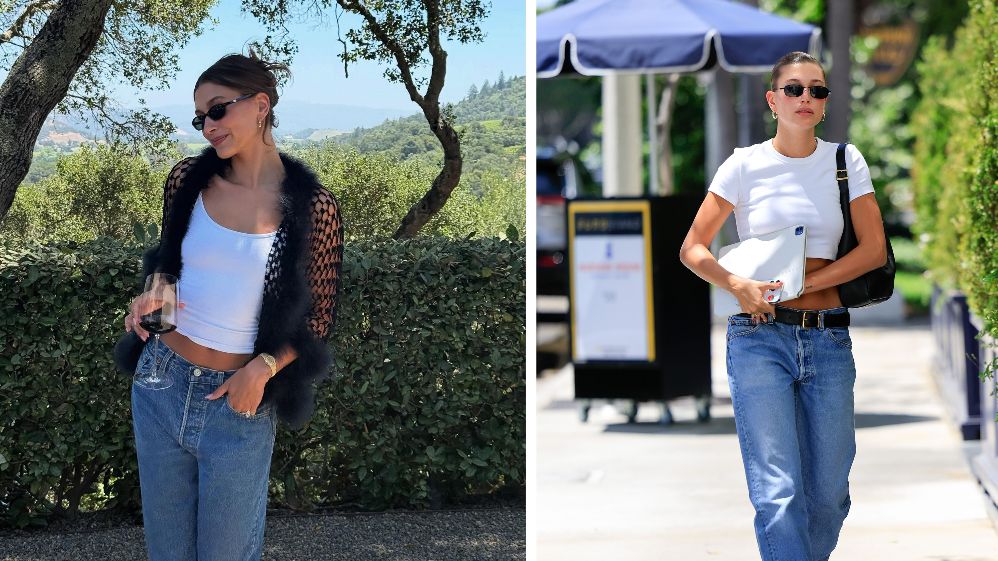 Hailey Bieber in blue jeans and white top
