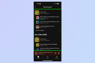 A screenshot showing how to view listening history on Spotify mobile