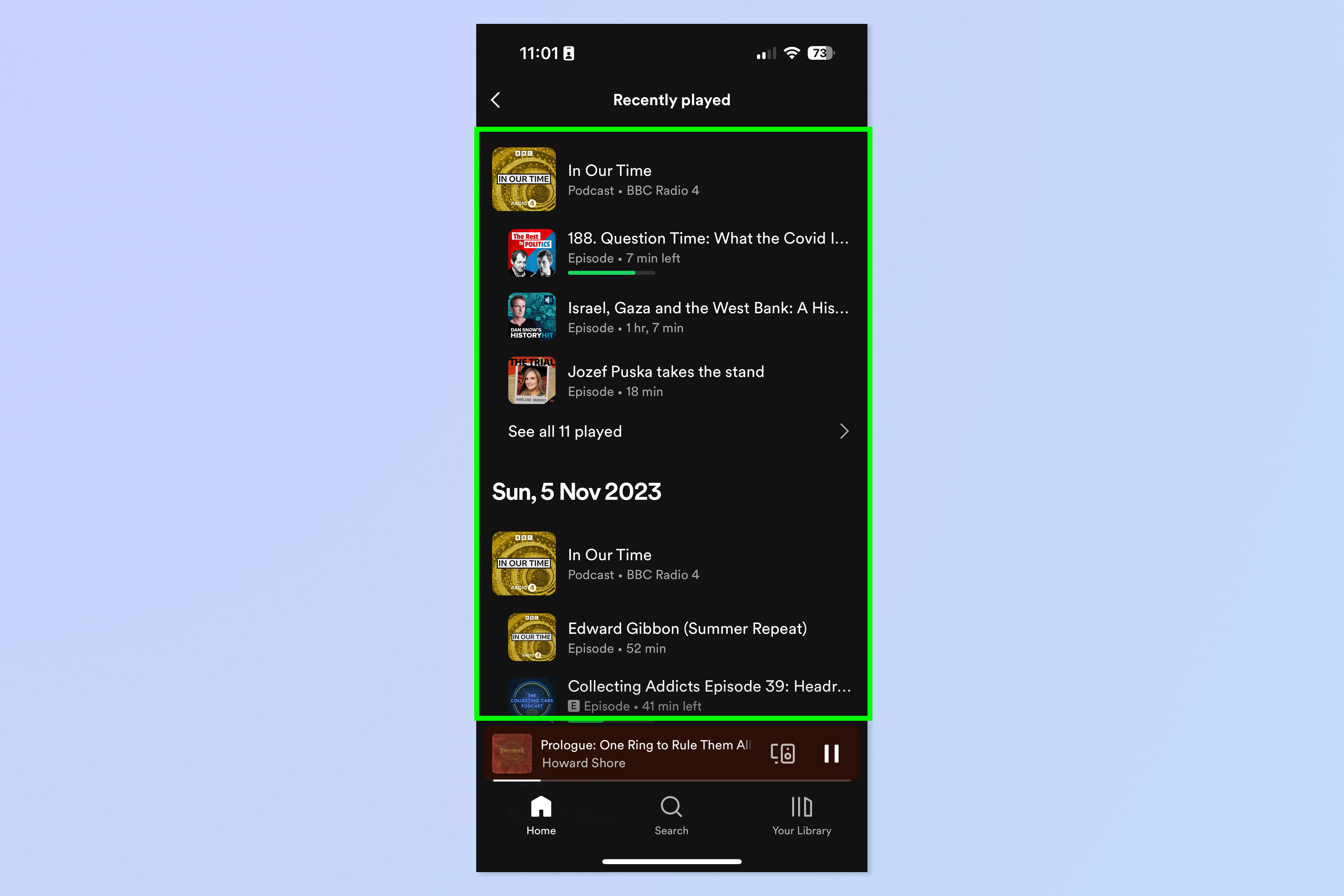 Скриншот, показывающий, как просмотреть историю прослушивания на мобильном устройстве Spotify.