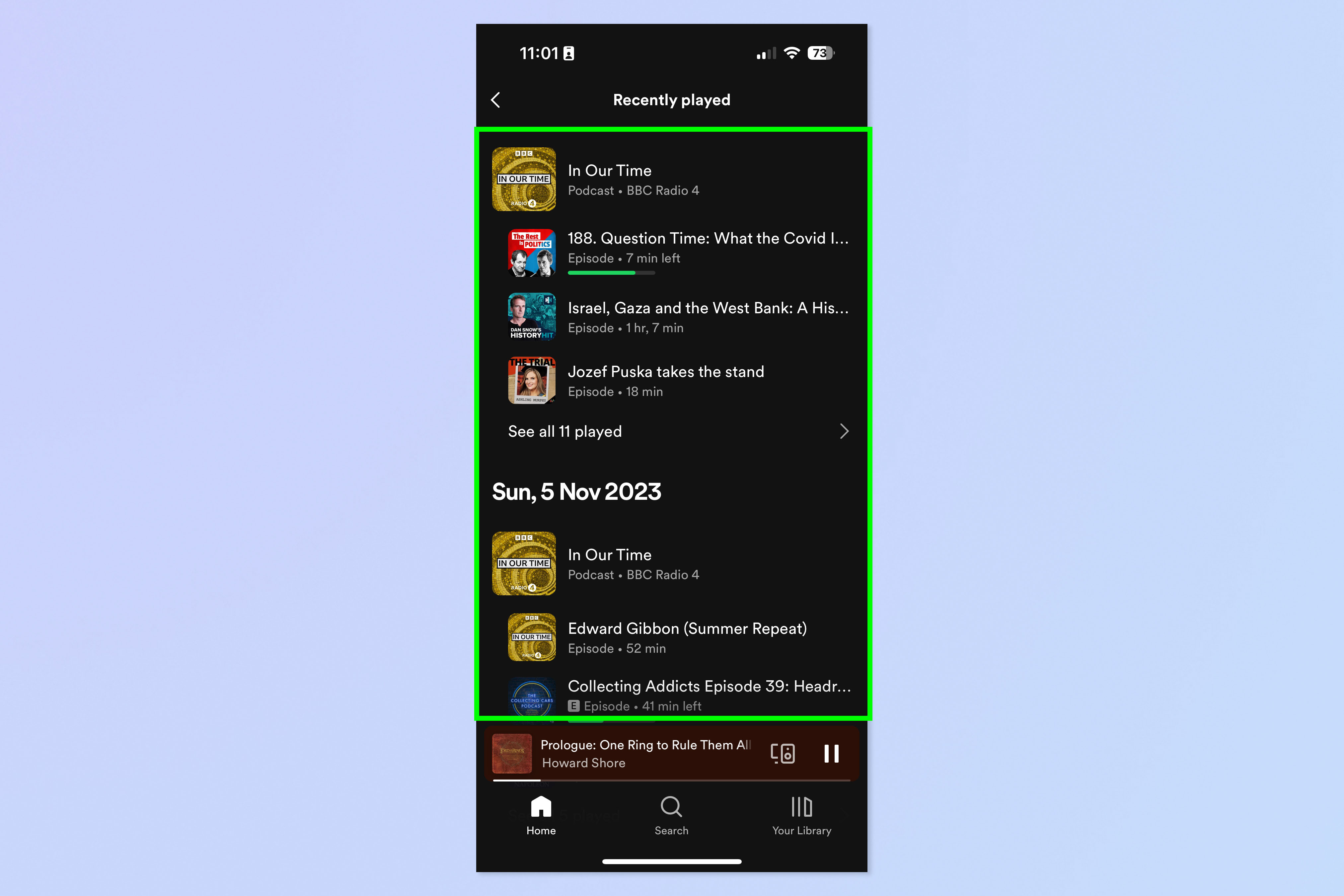 لقطة شاشة توضح كيفية عرض سجل الاستماع على Spotify mobile