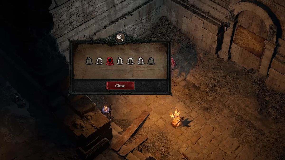 A dimly lit dungeon scene in a video game shows a puzzle with symbols on a wall.