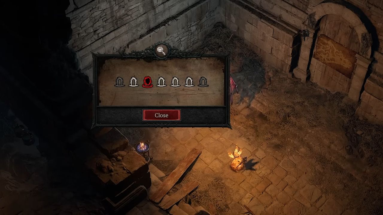 A dimly lit dungeon scene in a video game shows a puzzle with symbols on a wall.