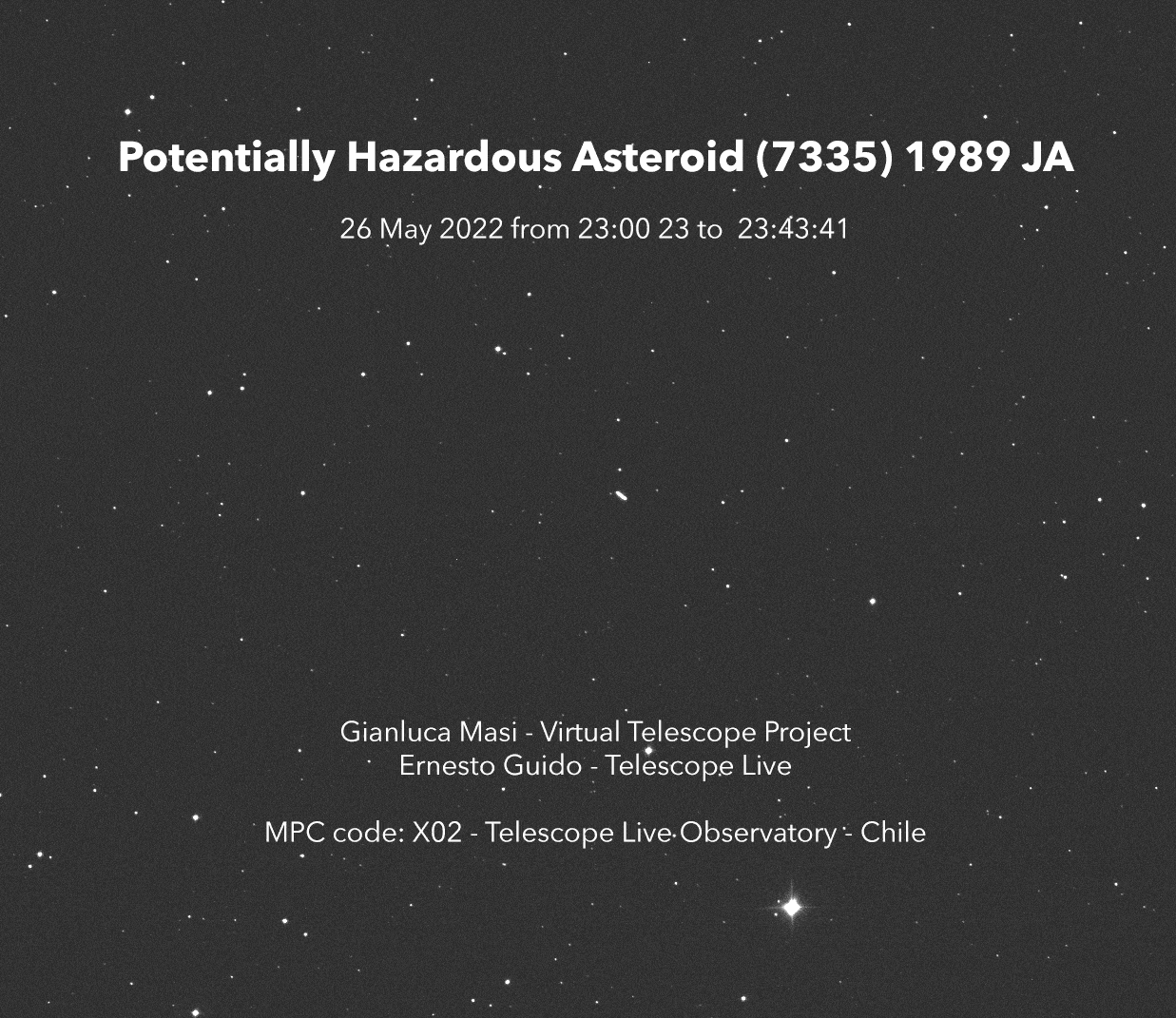 A time-lapse image of asteroid 7335 (1989 JA) passing by Earth on May 27, 2022.