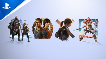 PlayStation Studios hero image showing Kratos and Atreus from God of War, Nathan Drake and Chloe Frazer from Uncharted, Ellie from The Last of Us, and Aloy from Horizon Zero Dawn
