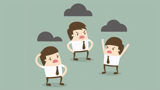 An illustration of three workers arguing under dark clouds