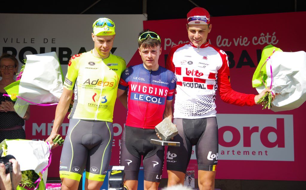 Tom Pidcock tops the podium at the under 23 Paris-Roubaix