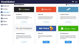 HostGator's Marketplace within its user dashboard