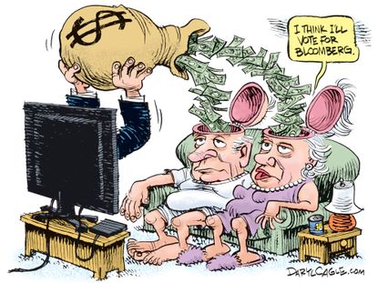 Political Cartoon U.S. Michael Bloomberg Democrats 2020 primaries television ad spending
