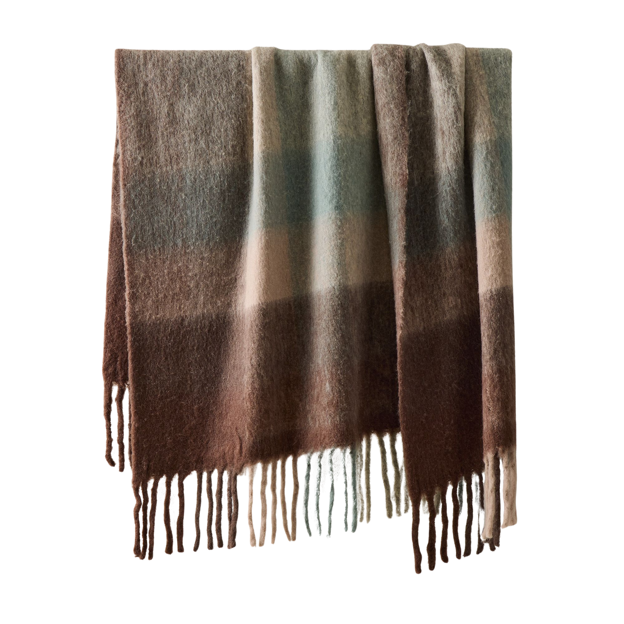 a brown and blue throw blanket with fringe ends