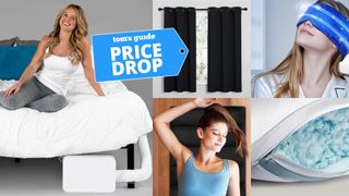 A collage of cooling sleep tech. A woman sitting on bed with white bedding and BedJet. Black out curtains. Woman wearing blue cooling sleep mask. A woman in blue vest top laying with arm stretched overhead on black cooling ice pack. Coop Cool+ pillow open showing gel memory foam filling with Tom's Guide price drop label.